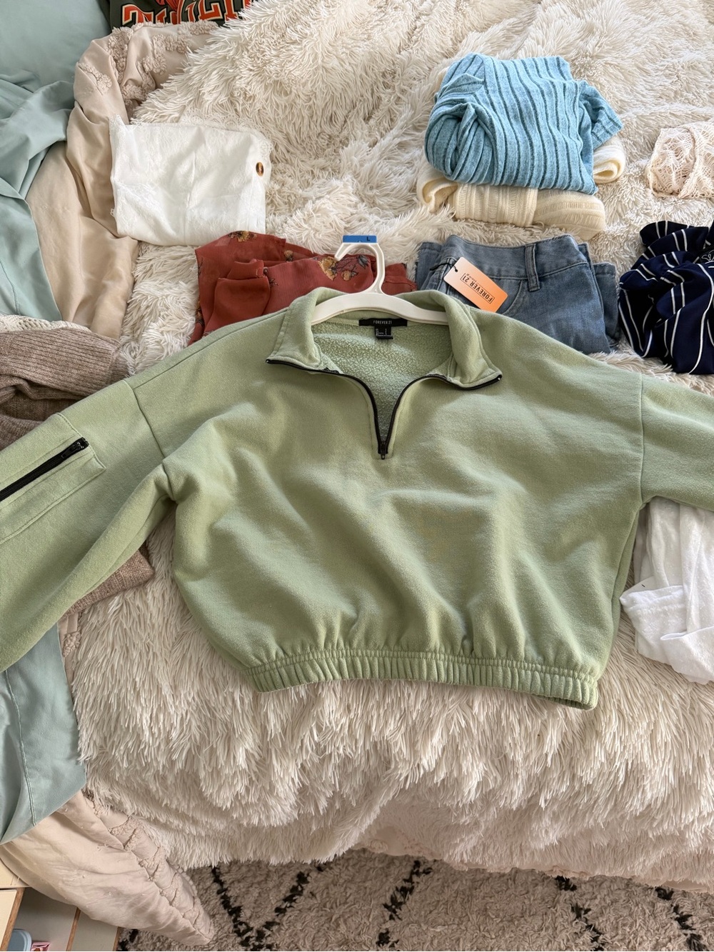 Forever 21 Cropped Half-Zip Fleece Pullover - Sage Green